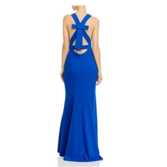 AQUA FORMAL Stretch Bow-Back V Neck Full-Length Formal Evening Gown Dress 0 Blue - Picture 6 of 8